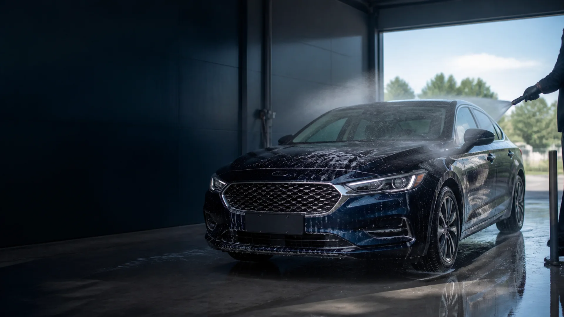 A dark blue sedan receiving a professional exterior wash