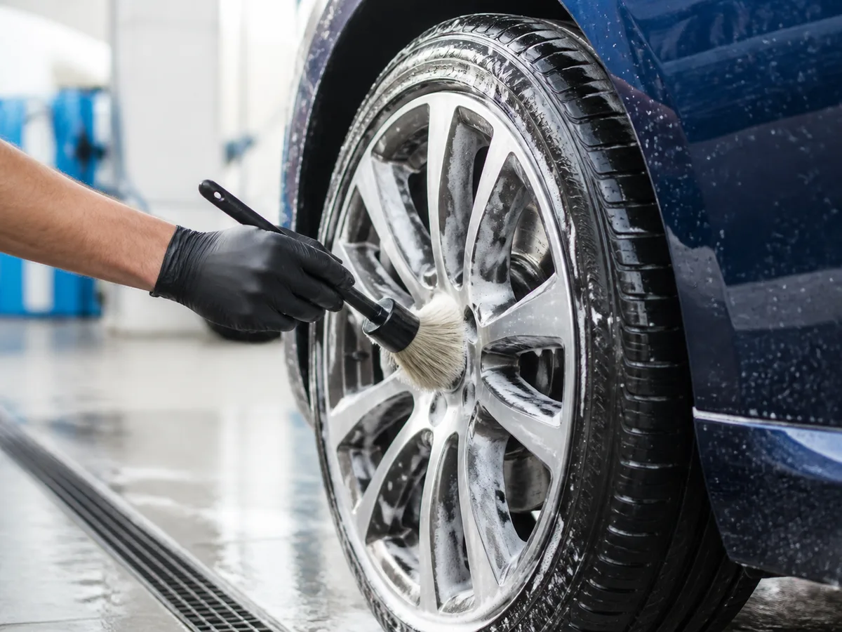 A vehicle wheel being cleaned with a soft detailing brush